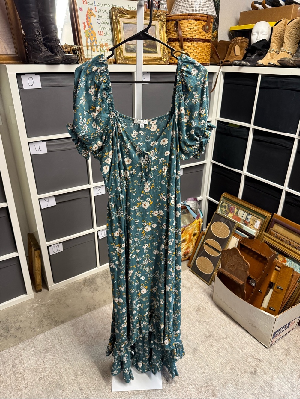 Patrons of Peace Floral Puff Sleeve Maxi Dress in Teal Green